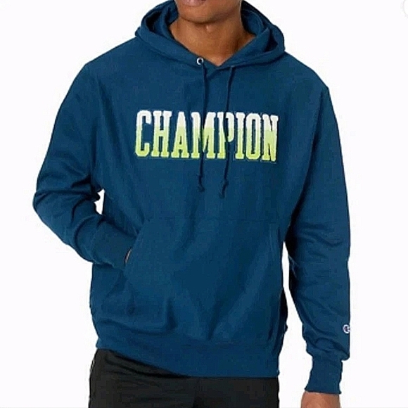 Champion Reverse Weave Blue Hoodie Sweatshirt Fuzzy Embroidered Spell Out Size L - Picture 1 of 13